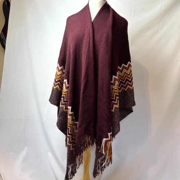 Western Style Blanket Poncho Shawl Sz 0/S Burgundy Silver Thread Orange Gold - Picture 2 of 8